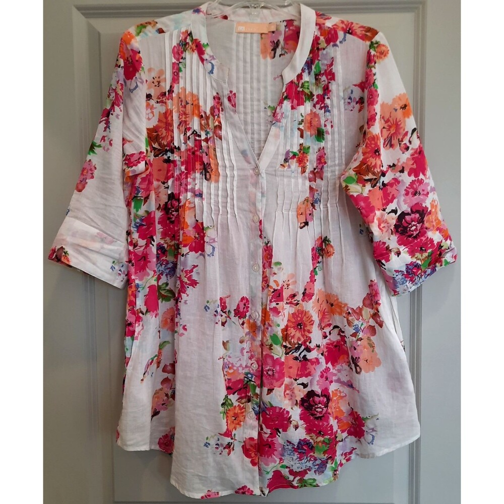 La Cera Tunic Top 100% Cotton Floral 3/4 Sleeve Full Button Pockets Pink Medium